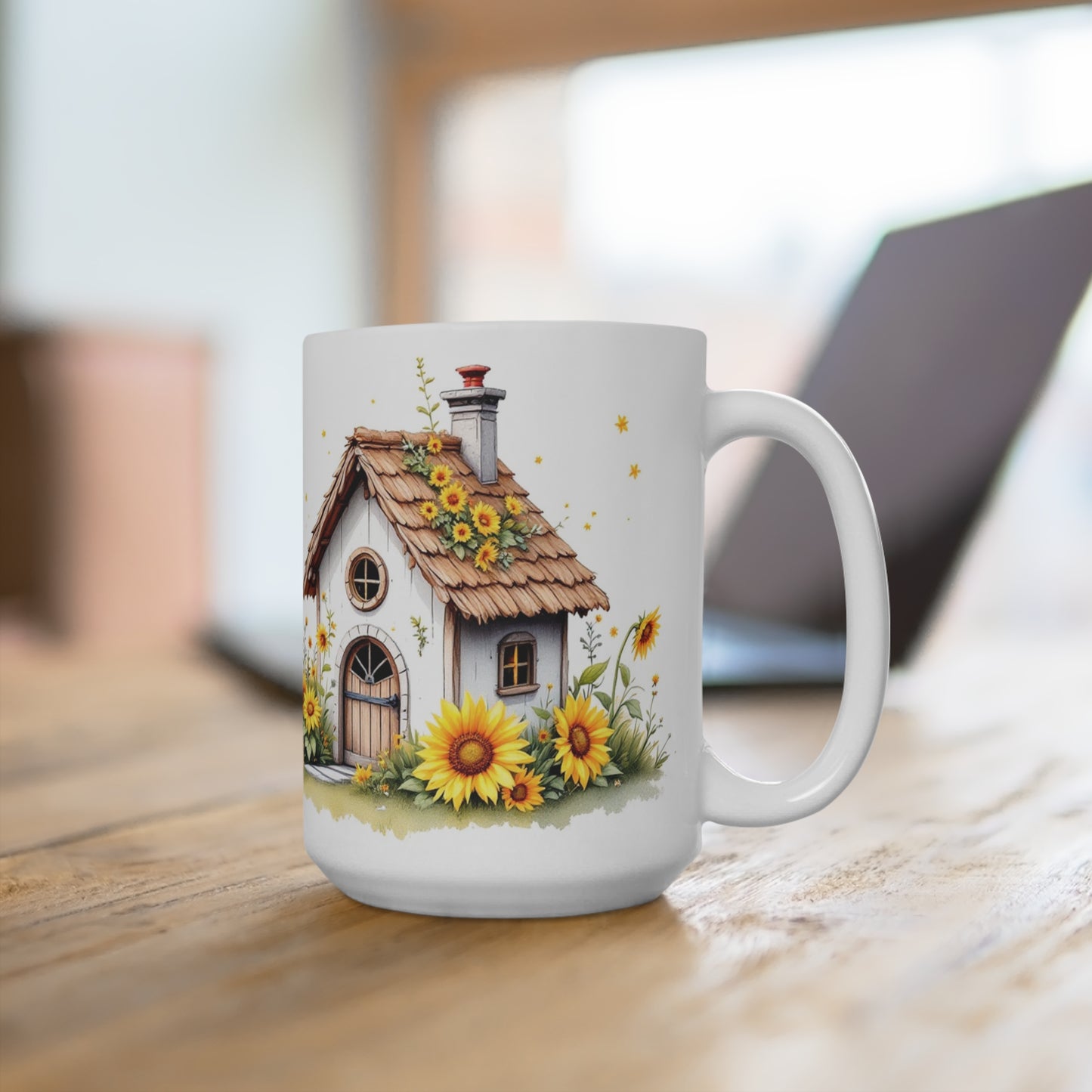 Whimsical Cottage in Bloom: Sunflowers and Serenity coffeemug 15oz