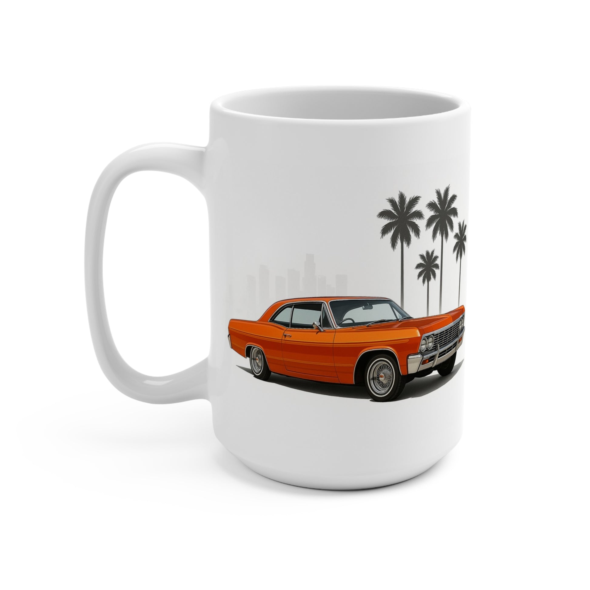 1960s Chevrolet lowrider orange 15 oz coffee mug by MugsArtStore, classic West Coast cruiser car cup for lowrider and vintage car lovers.