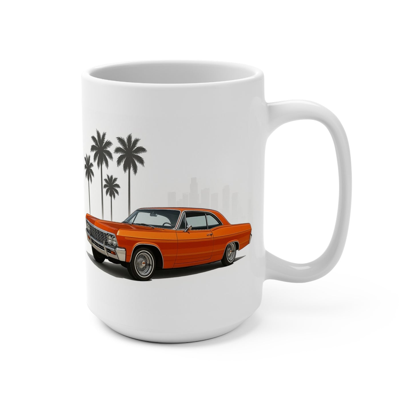 1960s Chevrolet lowrider orange 15 oz coffee mug by MugsArtStore, classic West Coast cruiser car cup for lowrider and vintage car lovers.
