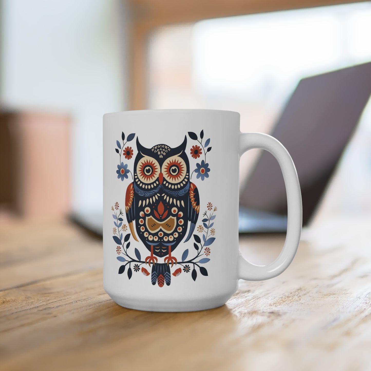 Whimsical Folk Art Owl Coffee Mug, 15 oz, Ceramic