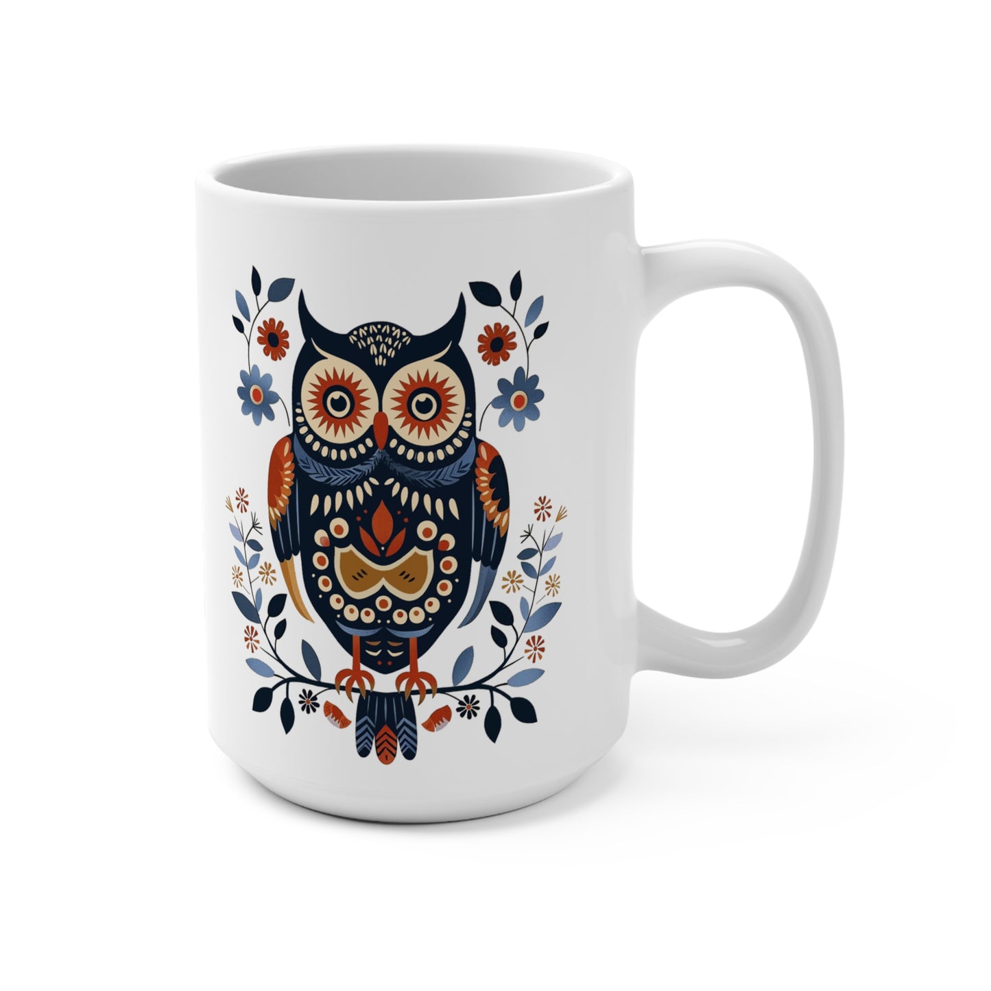 Whimsical Folk Art Owl Coffee Mug, 15 oz, Ceramic