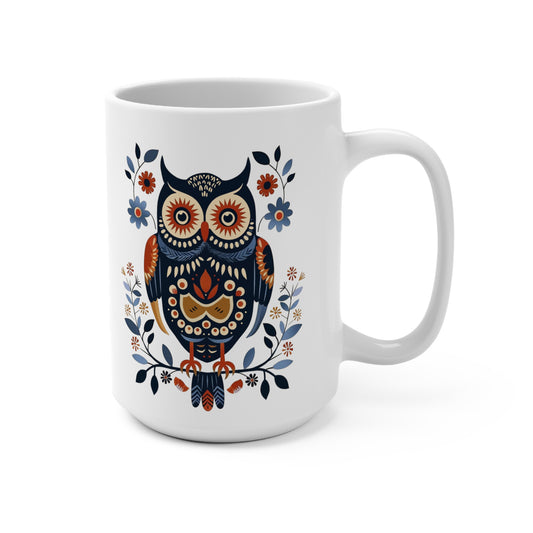 Whimsical Folk Art Owl Coffee Mug, 15 oz, Ceramic