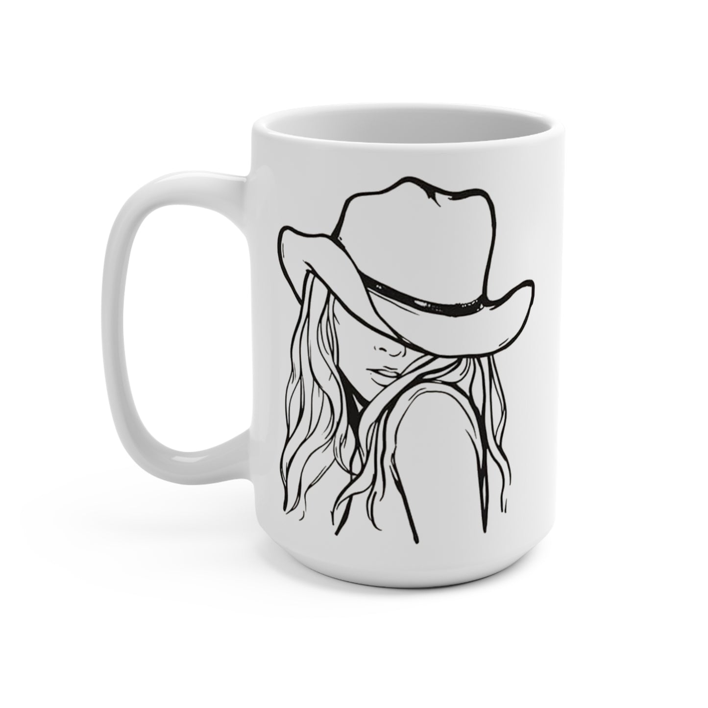 Ceramic Western Cowgirl Hat Mug with Long Hair Design, 15 oz – Rustic Cowgirl Drinkware, Vintage Western Style, Country Chic Mug