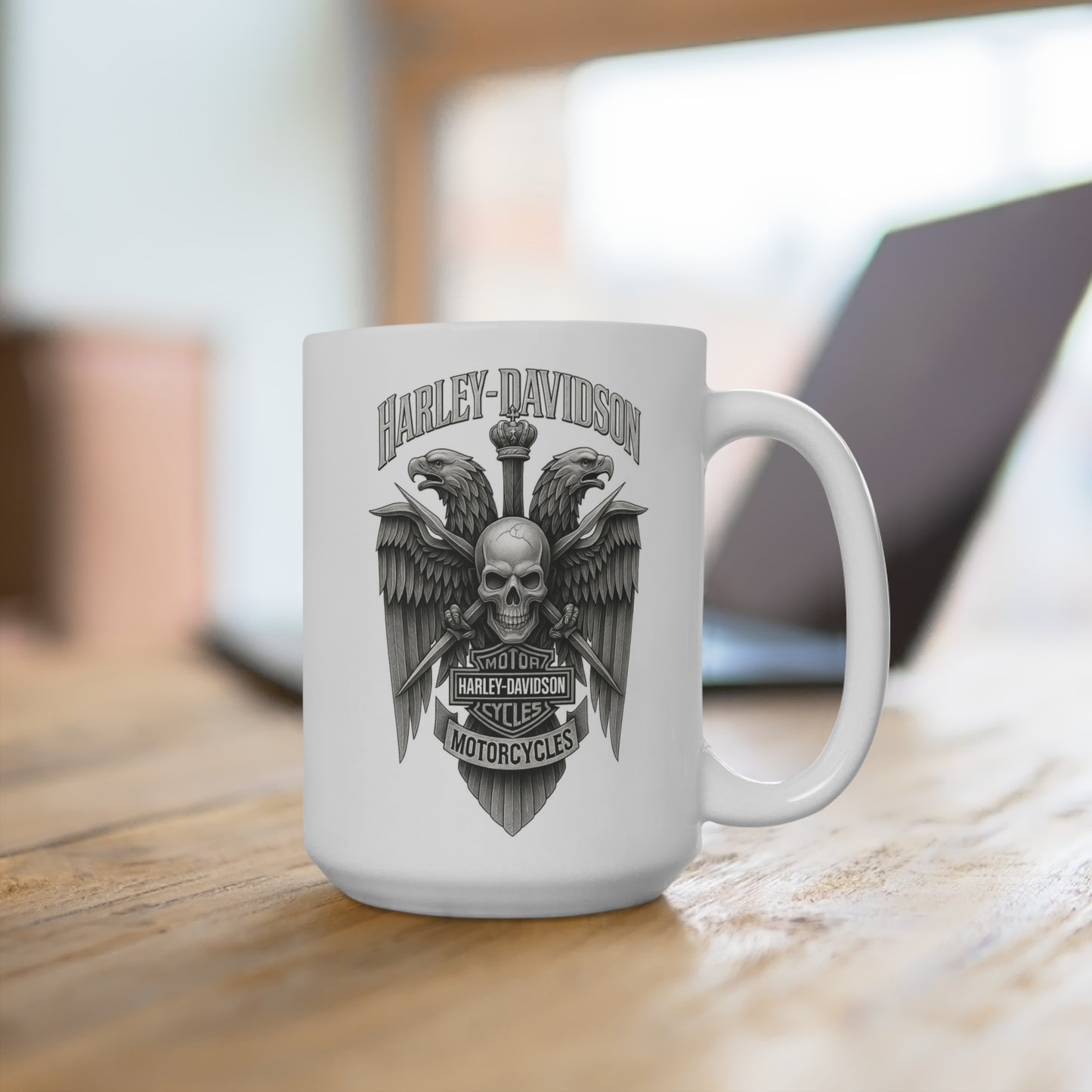 Skull & Eagle Biker Emblem 15 oz Ceramic Coffee Mug – Gothic Motorcycle Rider Gift