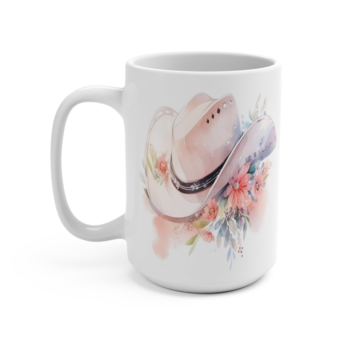 Decorative Cowgirl Coffee Mug, Western Floral Hat Design, White Ceramic, 15 oz