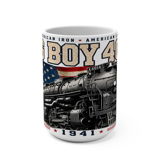 Big Boy 4014 coffee mug with patriotic American flag and steam locomotive railroad design
