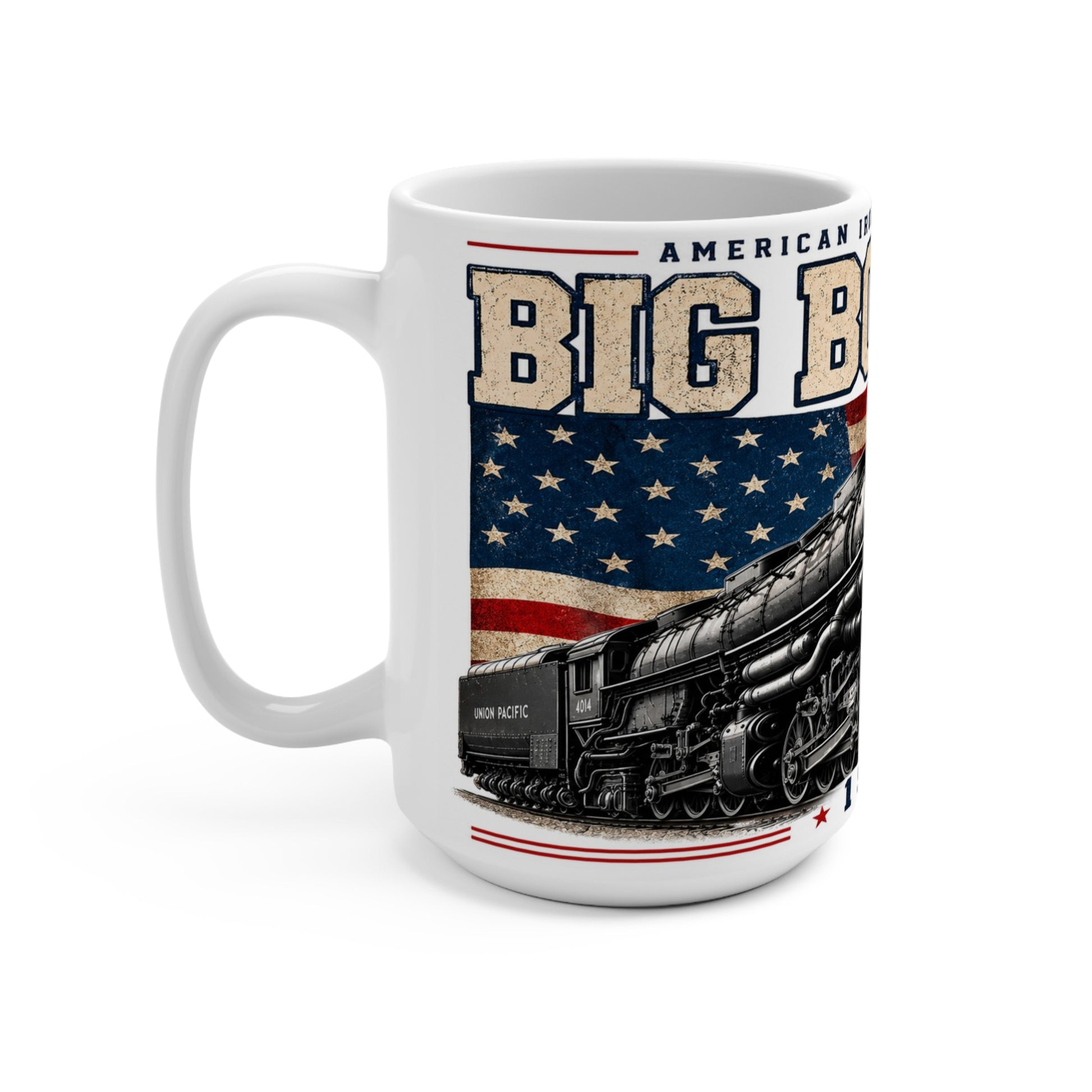 Image 1: Big Boy 4014 coffee mug with patriotic American flag and steam locomotive railroad 