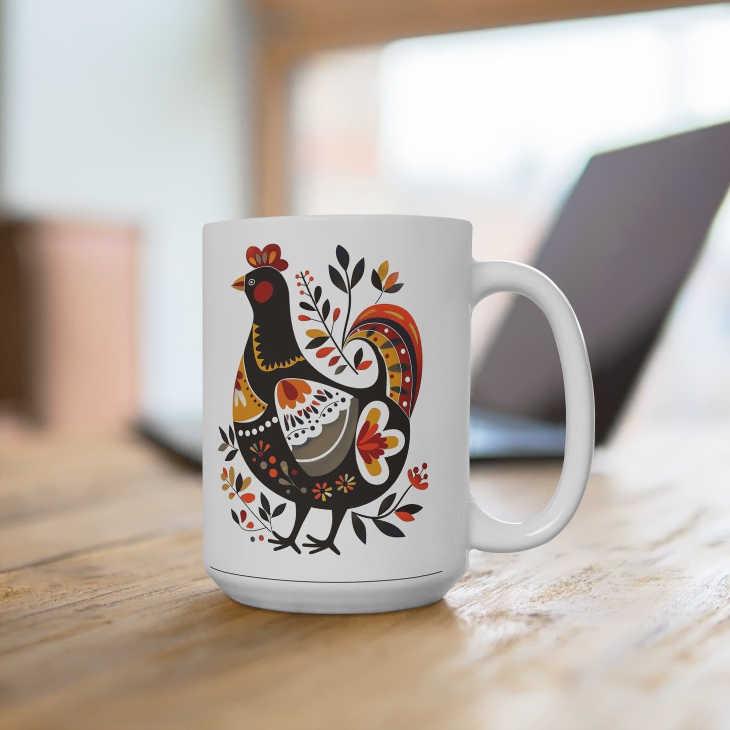 Folk Art Rooster Coffee Mug, 15 oz, Ceramic Farmhouse Design