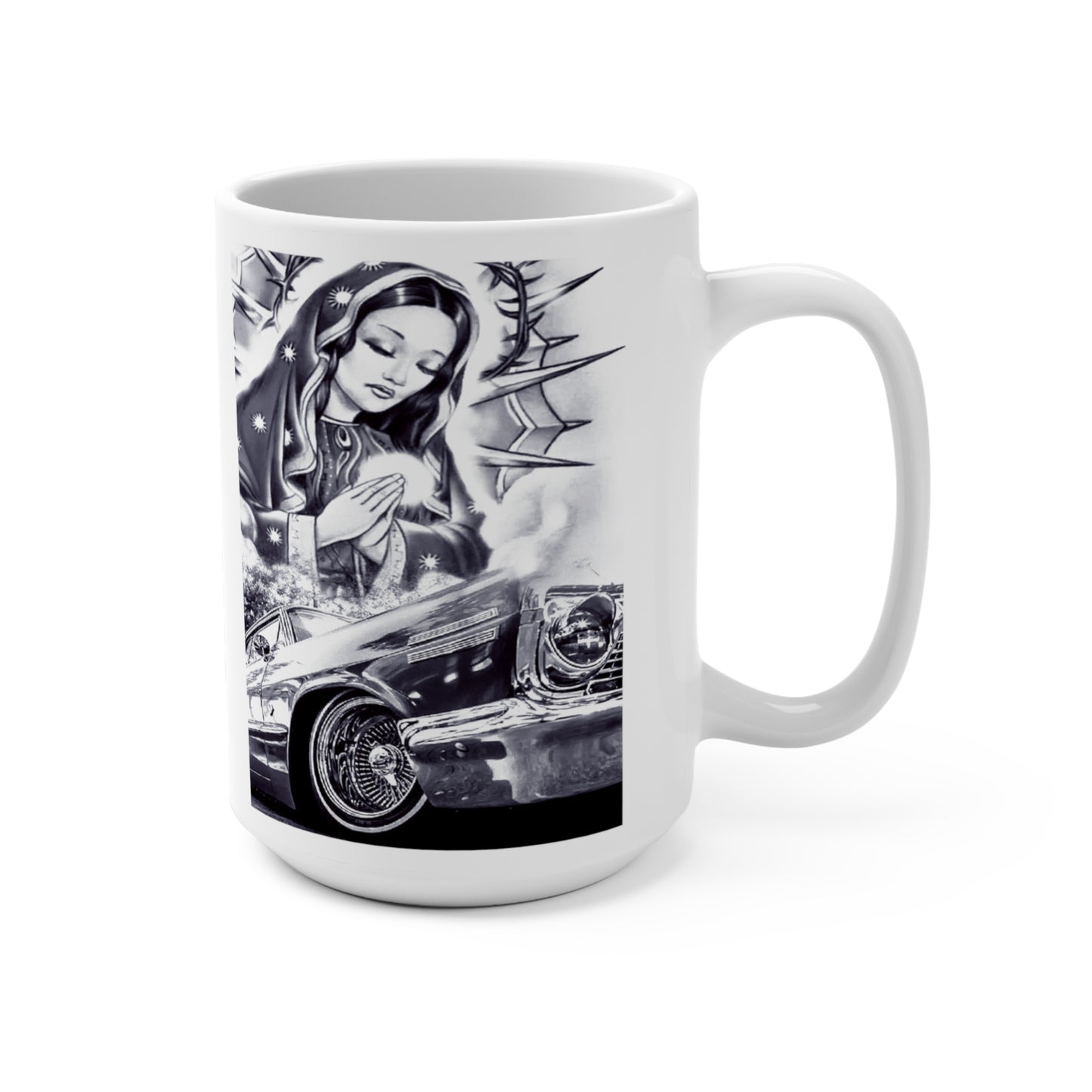 Mugsartstore, Virgin Mary Lowrider Impala 1964 15oz Mug