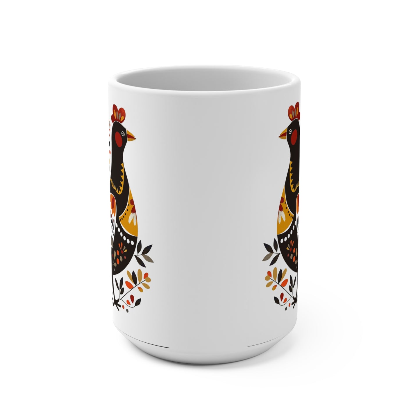 Folk Art Rooster Coffee Mug, 15 oz, Ceramic Farmhouse Design