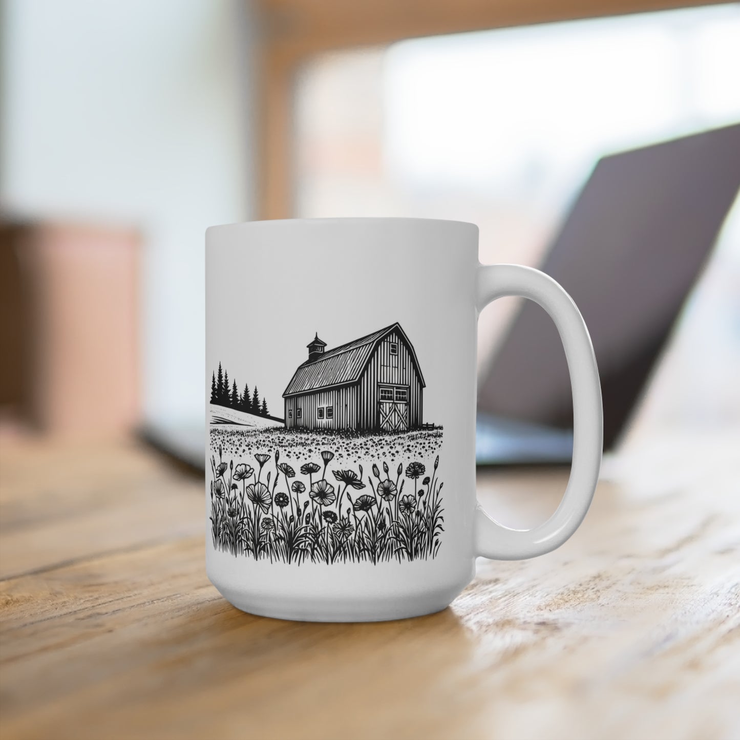 Barn farm outdoor flowers 15 oz coffee mug