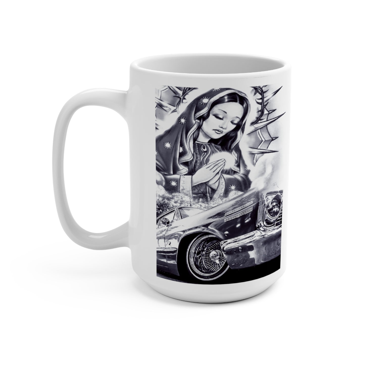 Mugsartstore, Virgin Mary Lowrider Impala 1964 15oz Mug