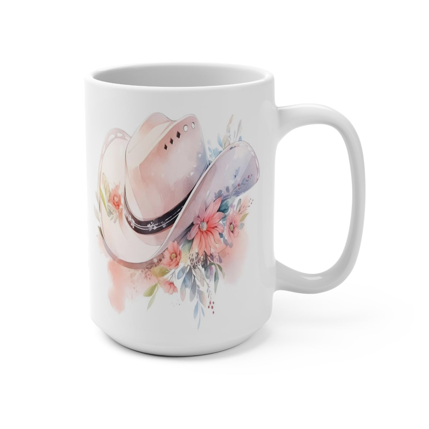 Decorative Cowgirl Coffee Mug, Western Floral Hat Design, White Ceramic, 15 oz