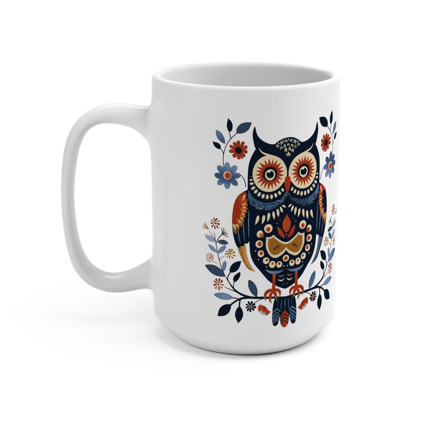 Whimsical Folk Art Owl Coffee Mug, 15 oz, Ceramic