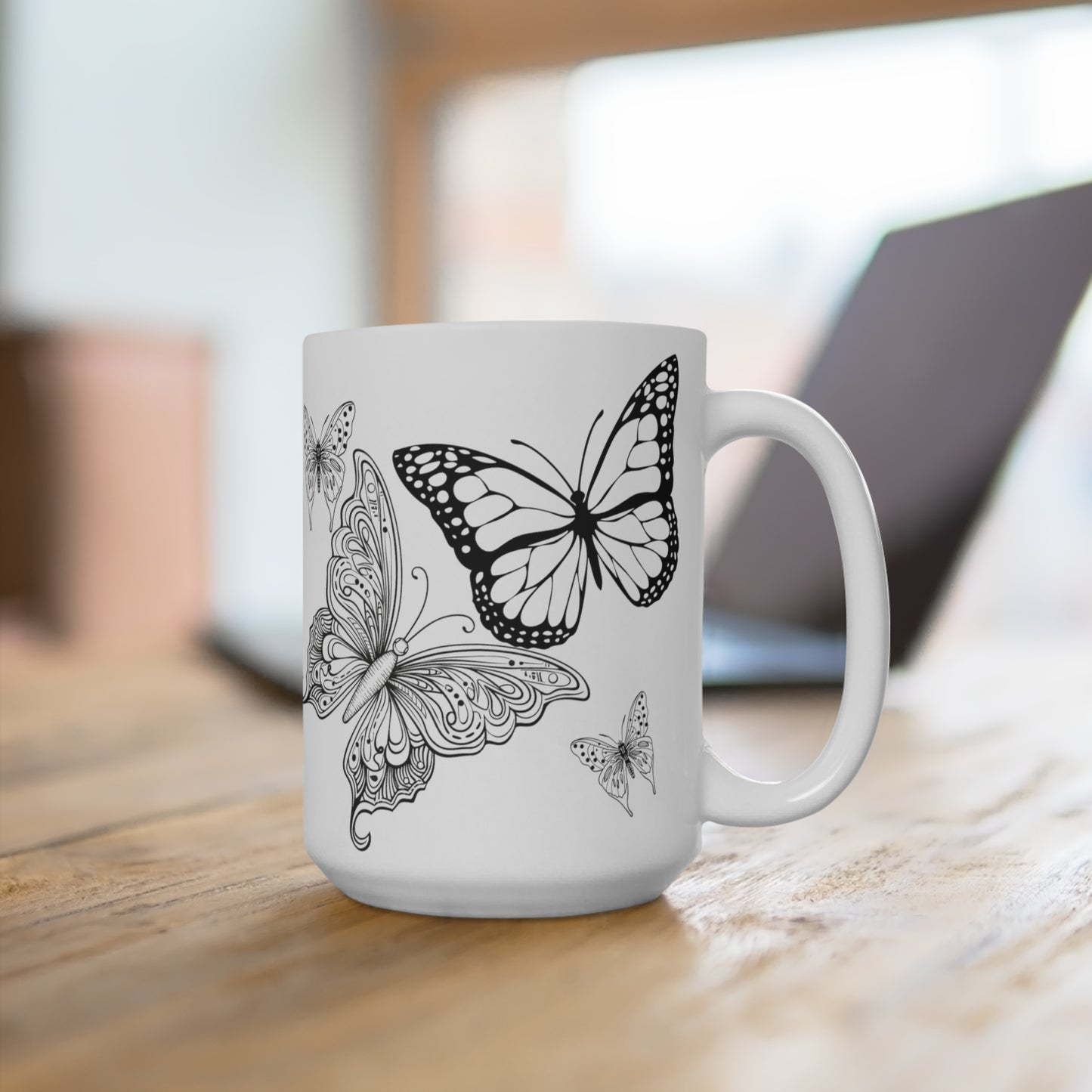 Black and White Boho Mug Butterfly - Cute Coffee and Tea Mug - Ceramic Coffee 15 OZ Mugs