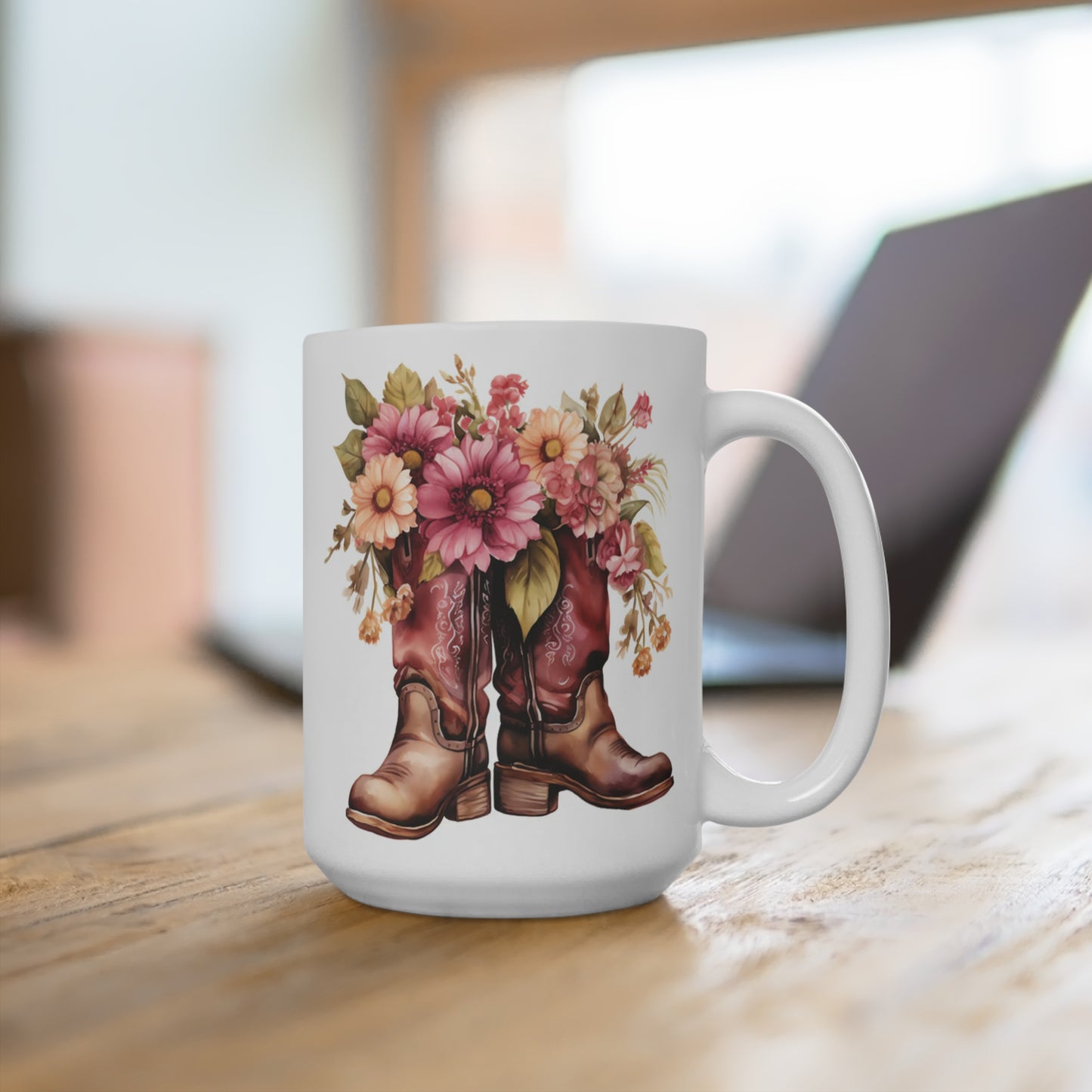 Cowboy Boots Floral Coffee Mug, 15 oz, Ceramic Western Design with Pink Daisies