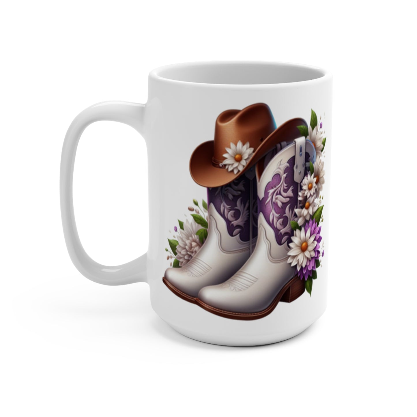 Western Floral Cowboy Cowgirl Hat & Boots Coffee Mug, 15 oz Ceramic - Rustic Country Chic Drinkware for Cowgirl Lovers, Farmhouse Kitchen Decor