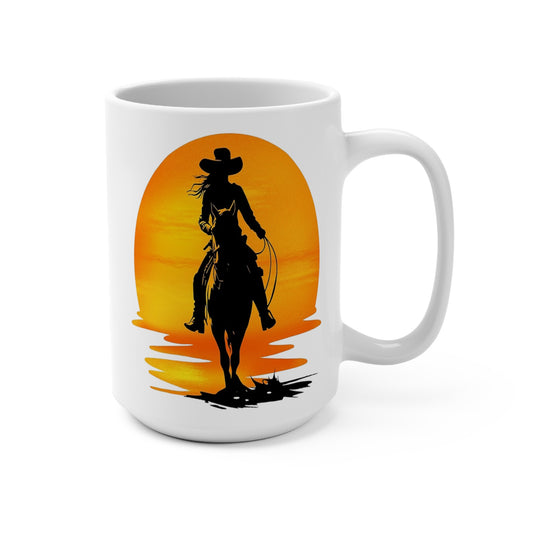 Western Cowgirl Sunset Coffee Mug, 15 oz Large Ceramic Cup with Horse Rider Silhouette, Rustic Cowgirl Decor, Equestrian Gift for Her, Rodeo Lover Mug