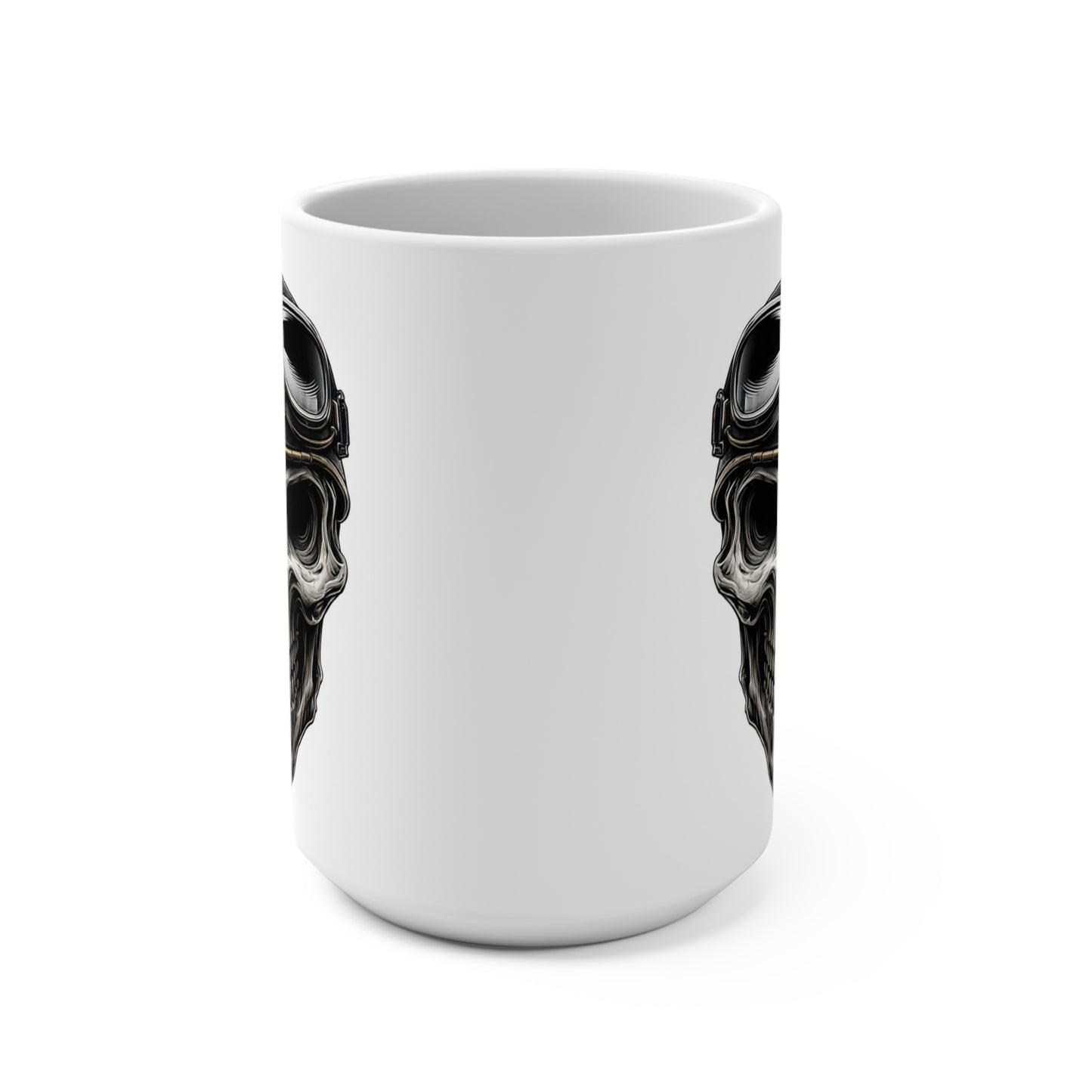 White mug with black abstract designs on a white background