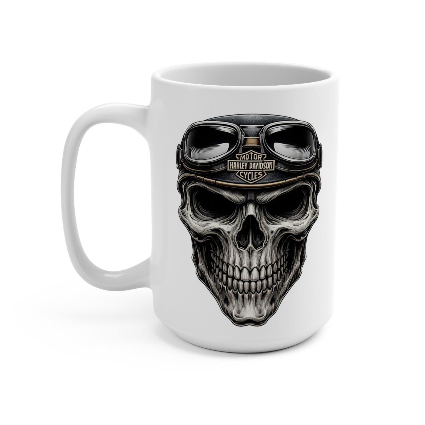 White mug with a skull design and Harley-Davidson logo on a white background