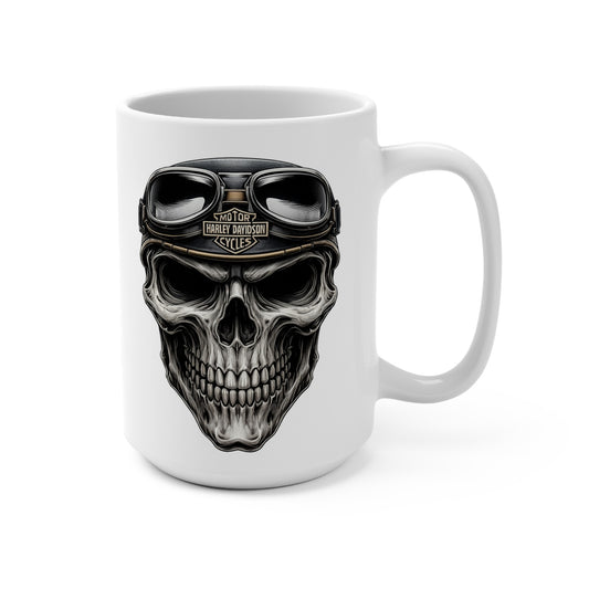 White mug with a skull design wearing goggles and a Harley Davidson cap on a white background