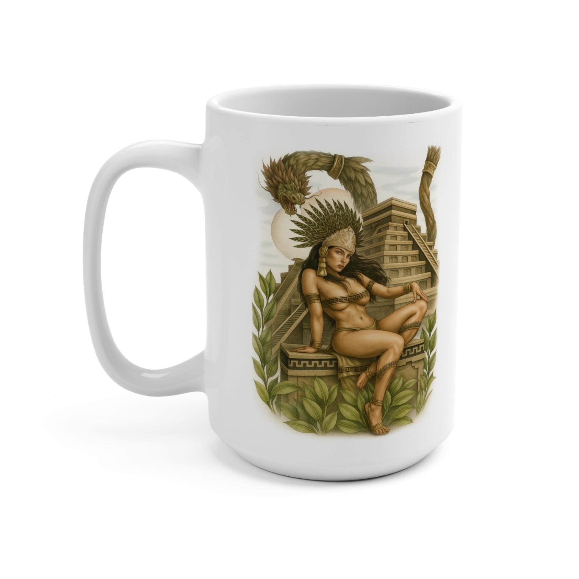 Aztec warrior goddess Mesoamerican temple art on a 15 oz coffee mug by MugsArtStore.