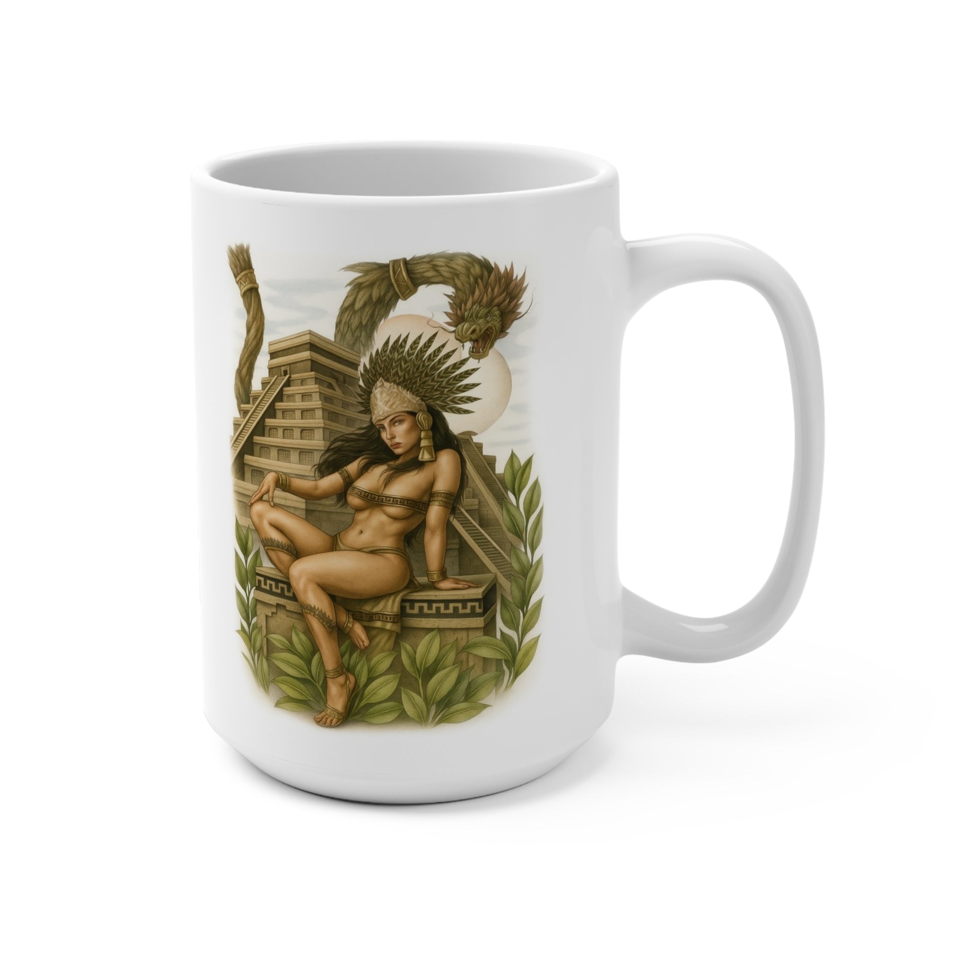 Aztec warrior goddess 15 oz coffee mug by MugsArtStore, Mesoamerican temple art coffee cup for history lovers and goddess art fans.