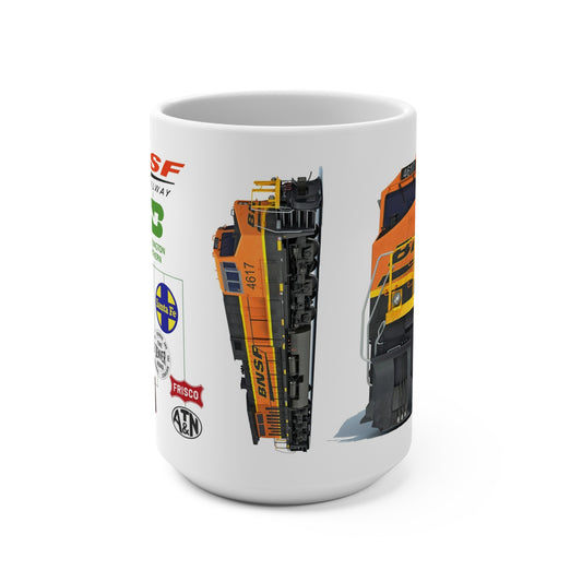 15 oz white ceramic coffee mug featuring a front view of orange BNSF locomotive 4617 and a heritage chart of Burlington Northern, Santa Fe and predecessor railroad logos
