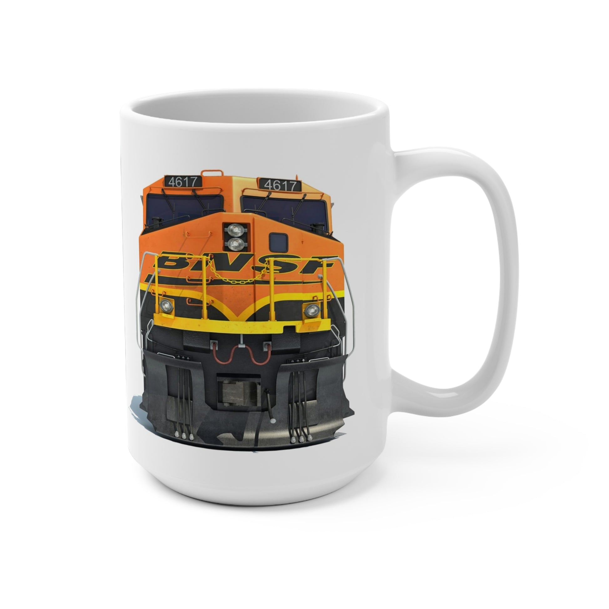 15 oz white ceramic coffee mug featuring a front view of orange BNSF locomotive 4617 and a heritage chart of Burlington Northern, Santa Fe and predecessor railroad logos