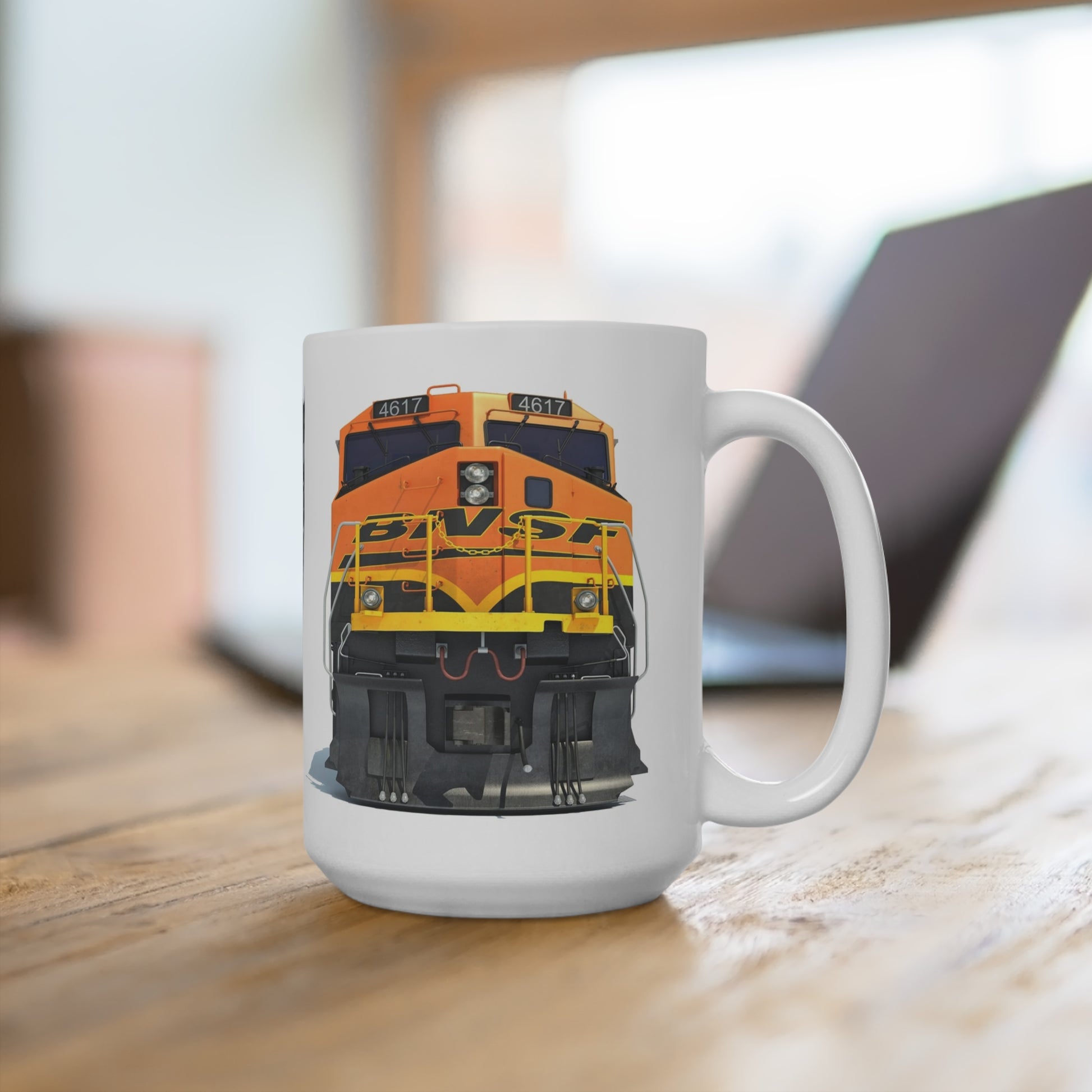Bold 15 oz BNSF Railway heritage coffee mug with locomotive 4617 and classic Burlington Northern, Santa Fe & predecessor railroad logos. Perfect railfan, railroader & train collector gift.