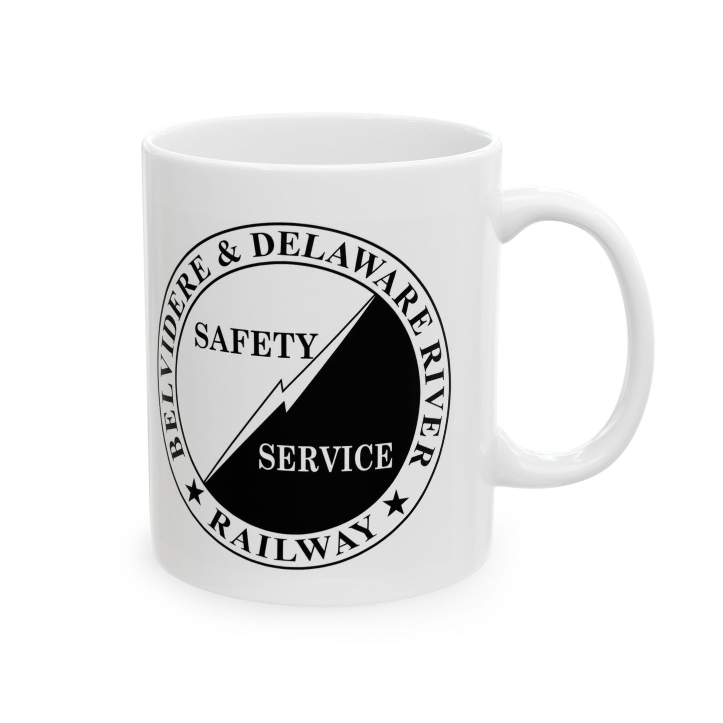 Belvidere and Delaware River Railway logo mug shown with right-side handle for railfans and collectors