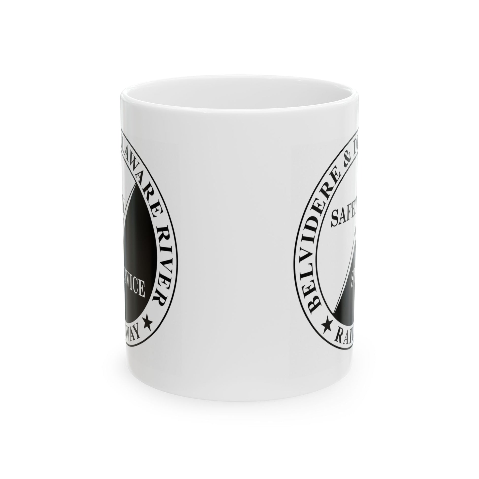 White railroad coffee mug featuring the Belvidere and Delaware River Railway emblem with left-side handle