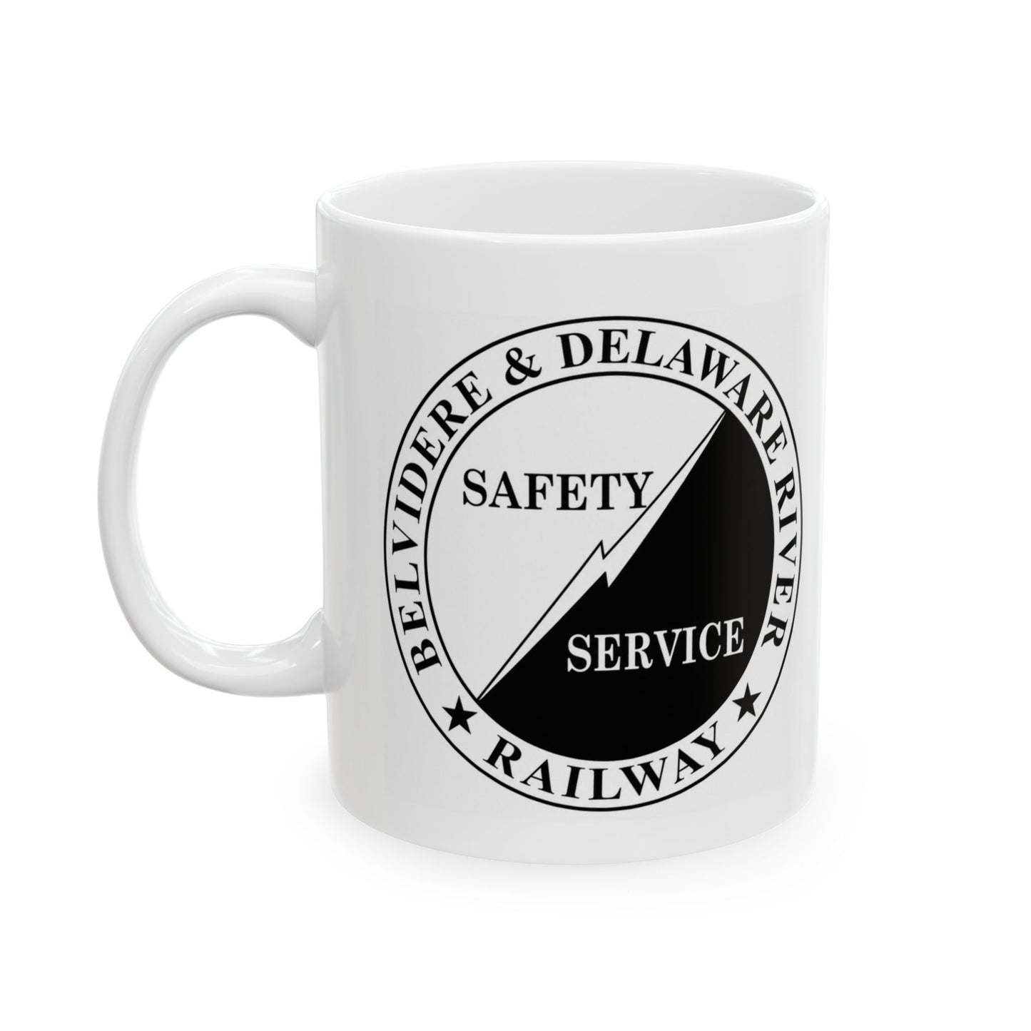 Belvidere and Delaware River Railway 15 oz ceramic mug with wraparound Safety and Service logo