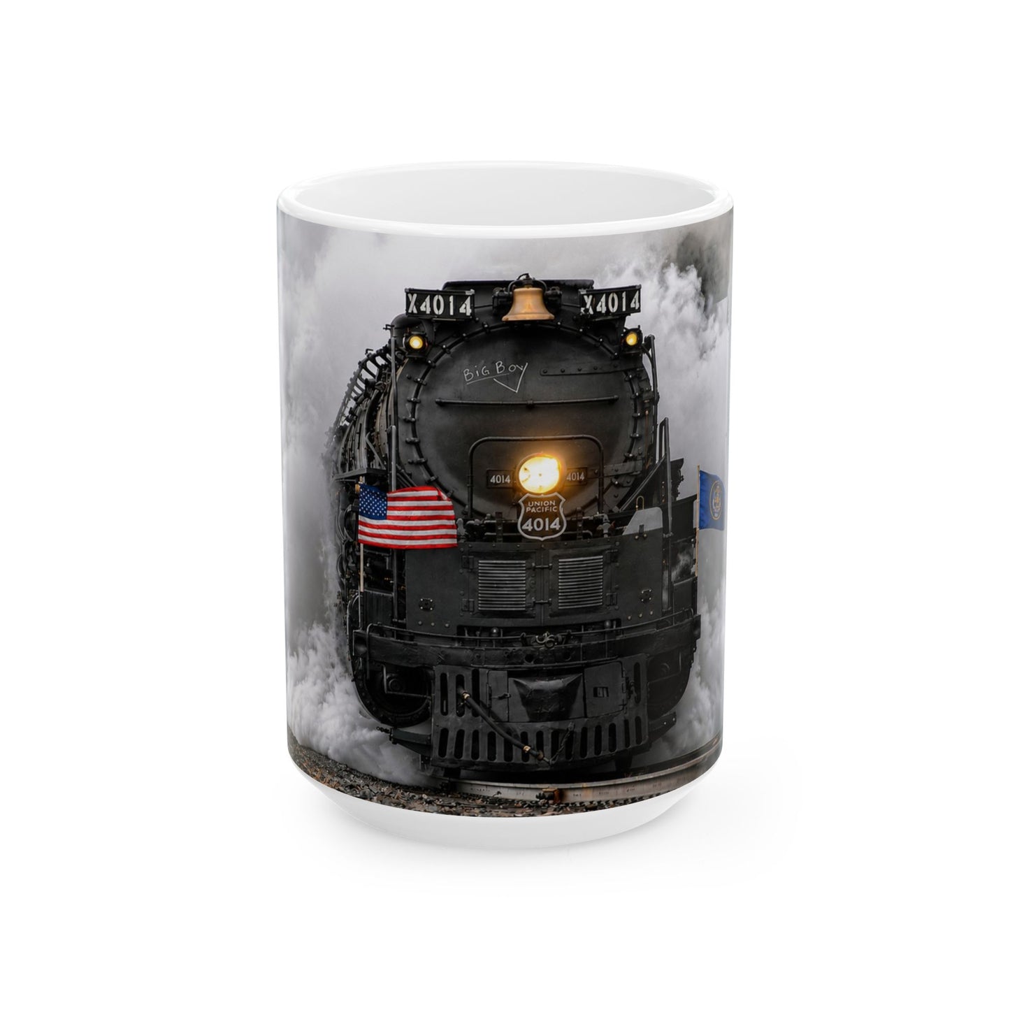 Big Boy 4014 steam locomotive 15 oz ceramic coffee mug with smoke and American flag design