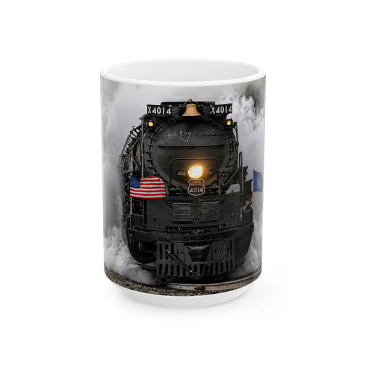 Big Boy 4014 steam locomotive 15 oz ceramic coffee mug with smoke and American flag design