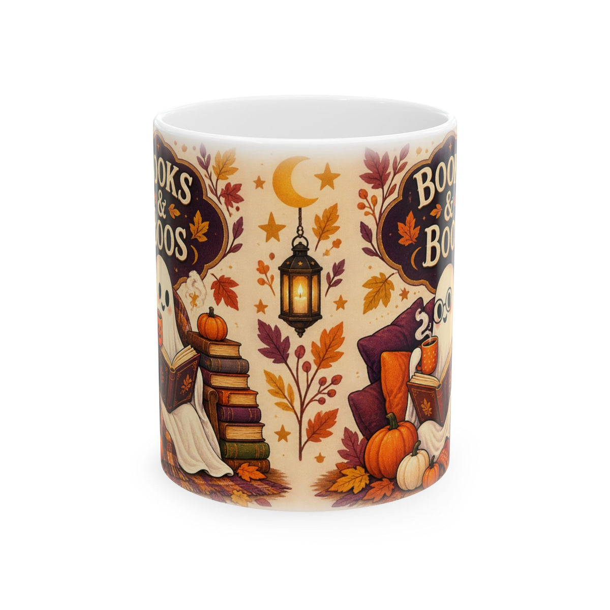 Books & Boos mug wraparound view with a hanging lantern, autumn leaves, crescent moon, pumpkins, and reading scenes.