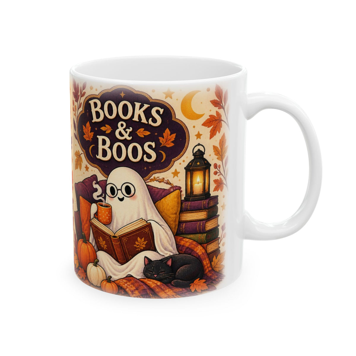 Books & Boos mug featuring a ghost wearing glasses and reading beside a sleeping black cat, pumpkins, and stacked books.