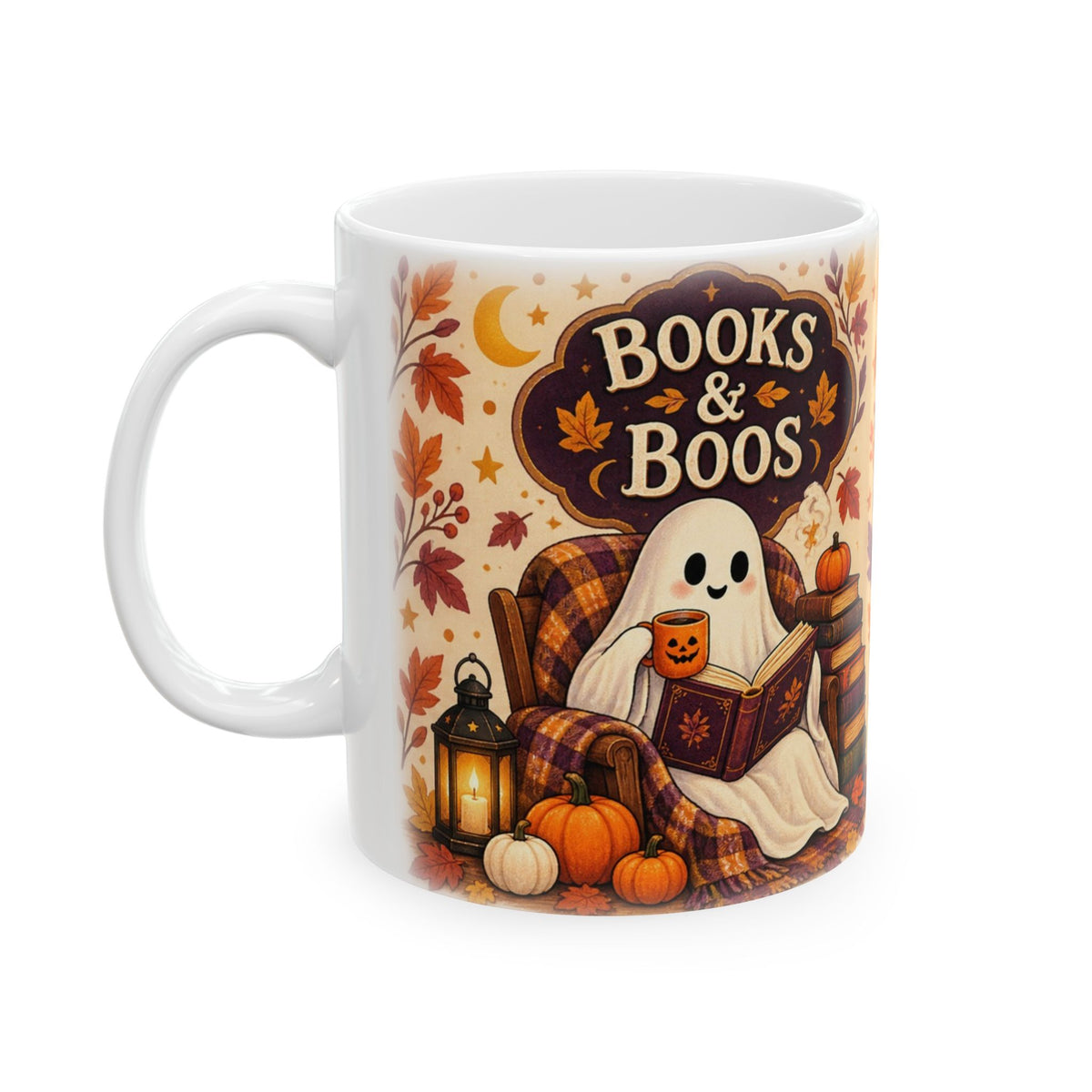 Books & Boos mug showing a smiling ghost reading in a plaid armchair with a pumpkin coffee cup, books, and lantern.