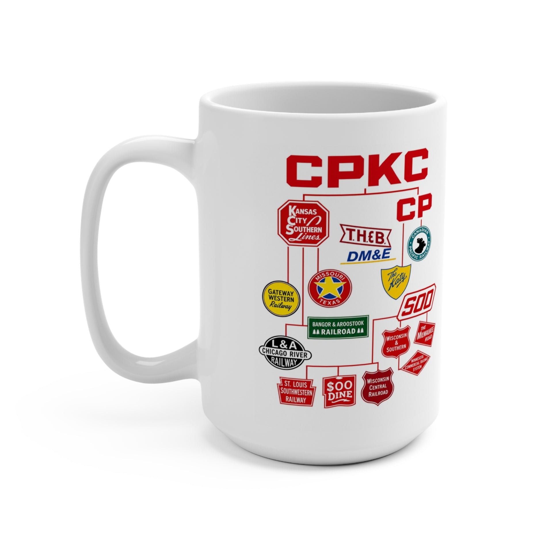 CPKC railway collector mug with colorful vintage railroad logos