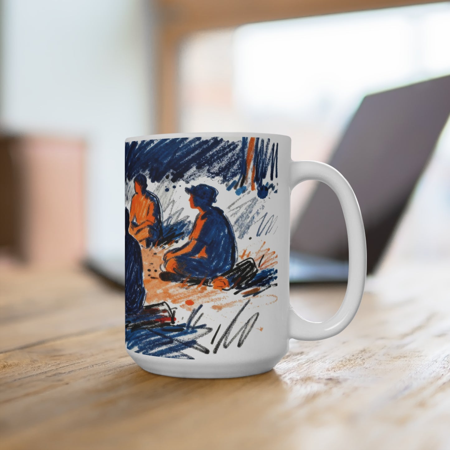 Hand-drawn campfire camping scene coffee mug with people gathered around fire at night