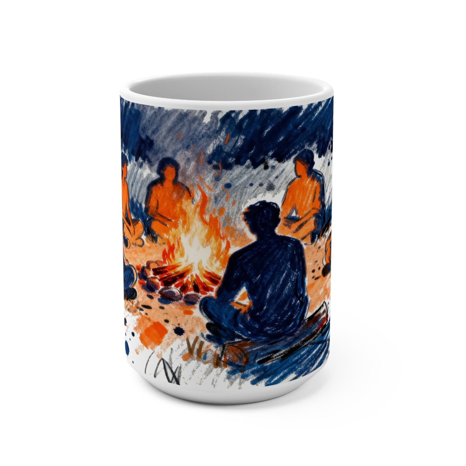 Hand-drawn campfire camping scene coffee mug with people gathered around fire at night
