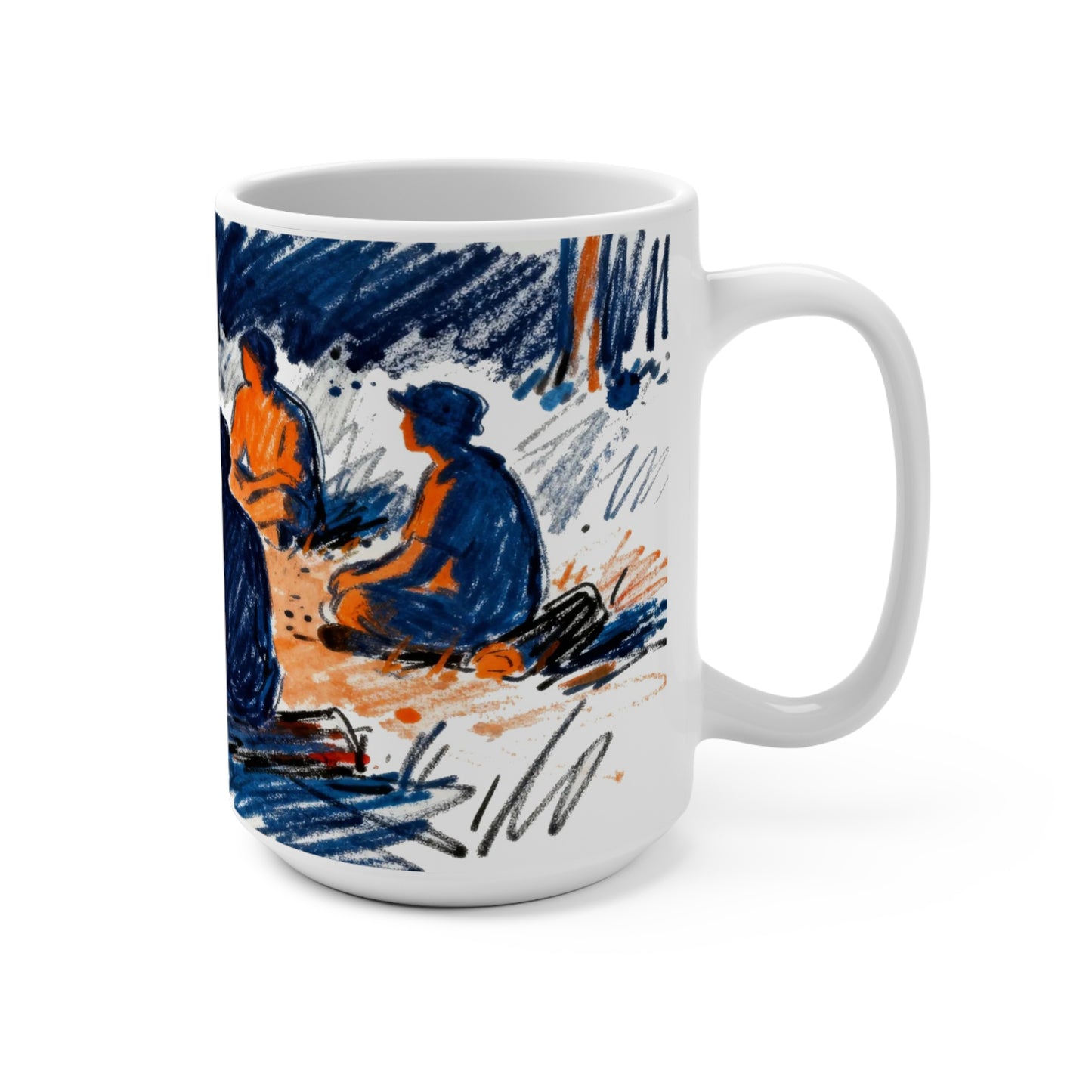 Hand-drawn campfire camping scene coffee mug with people gathered around fire at night