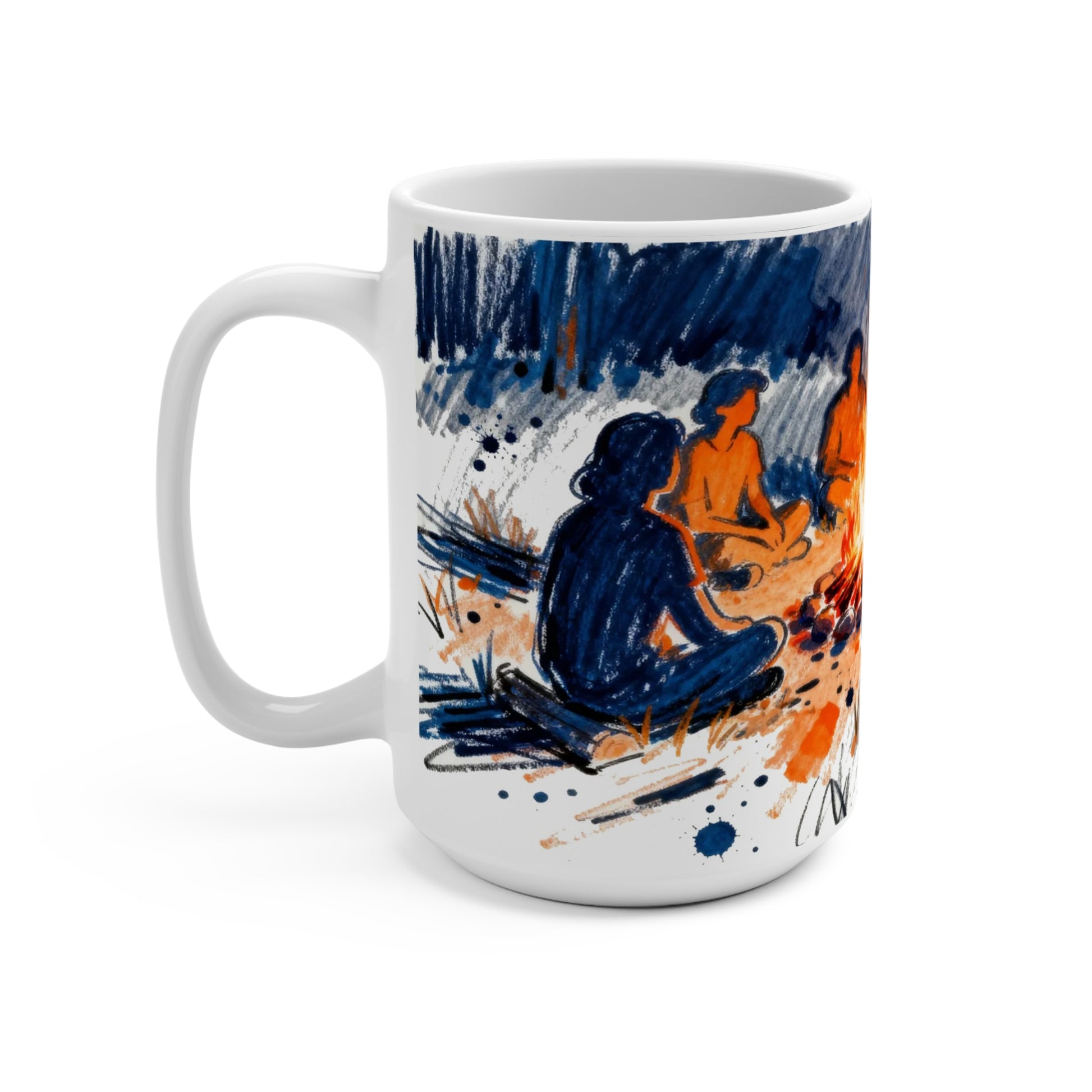 Hand-drawn campfire camping scene coffee mug with people gathered around fire at night