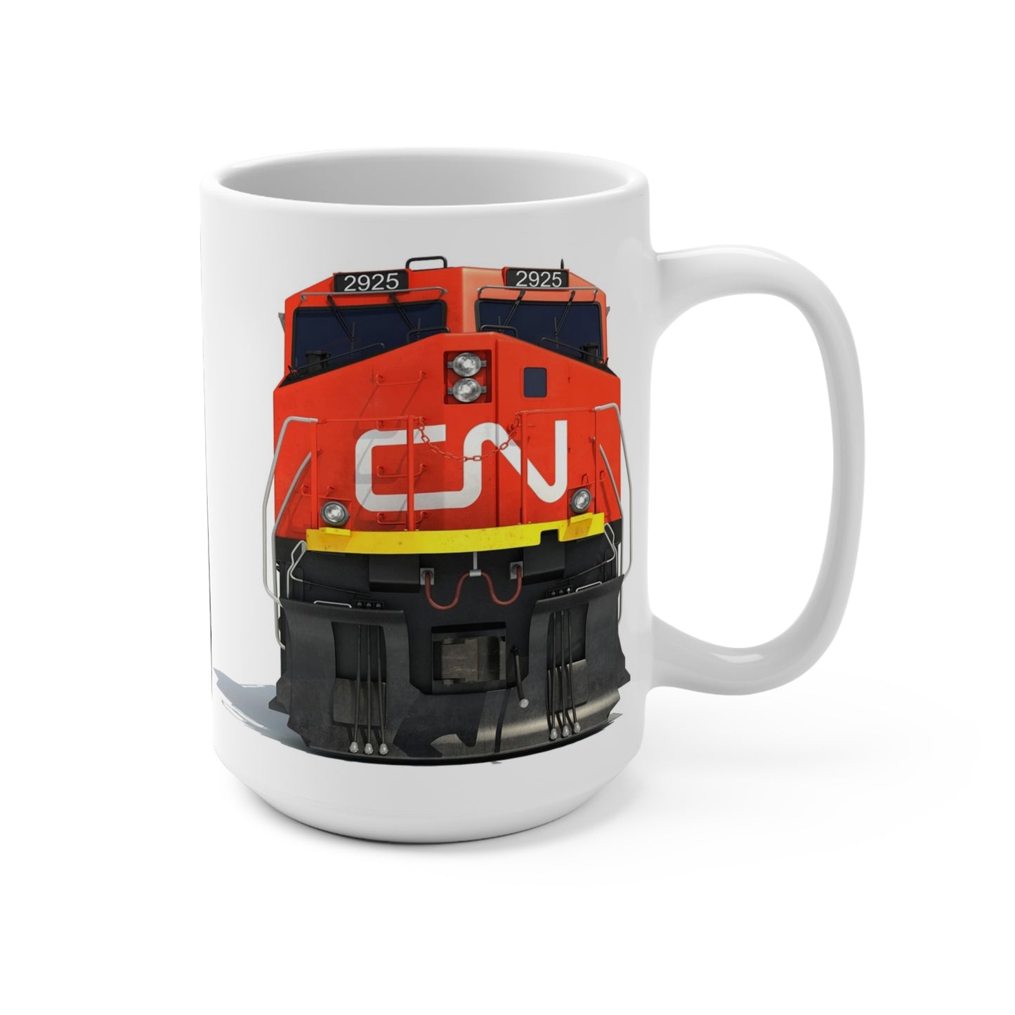 15 oz white ceramic coffee mug featuring a front view of red CN Canadian National Railway locomotive 2925.