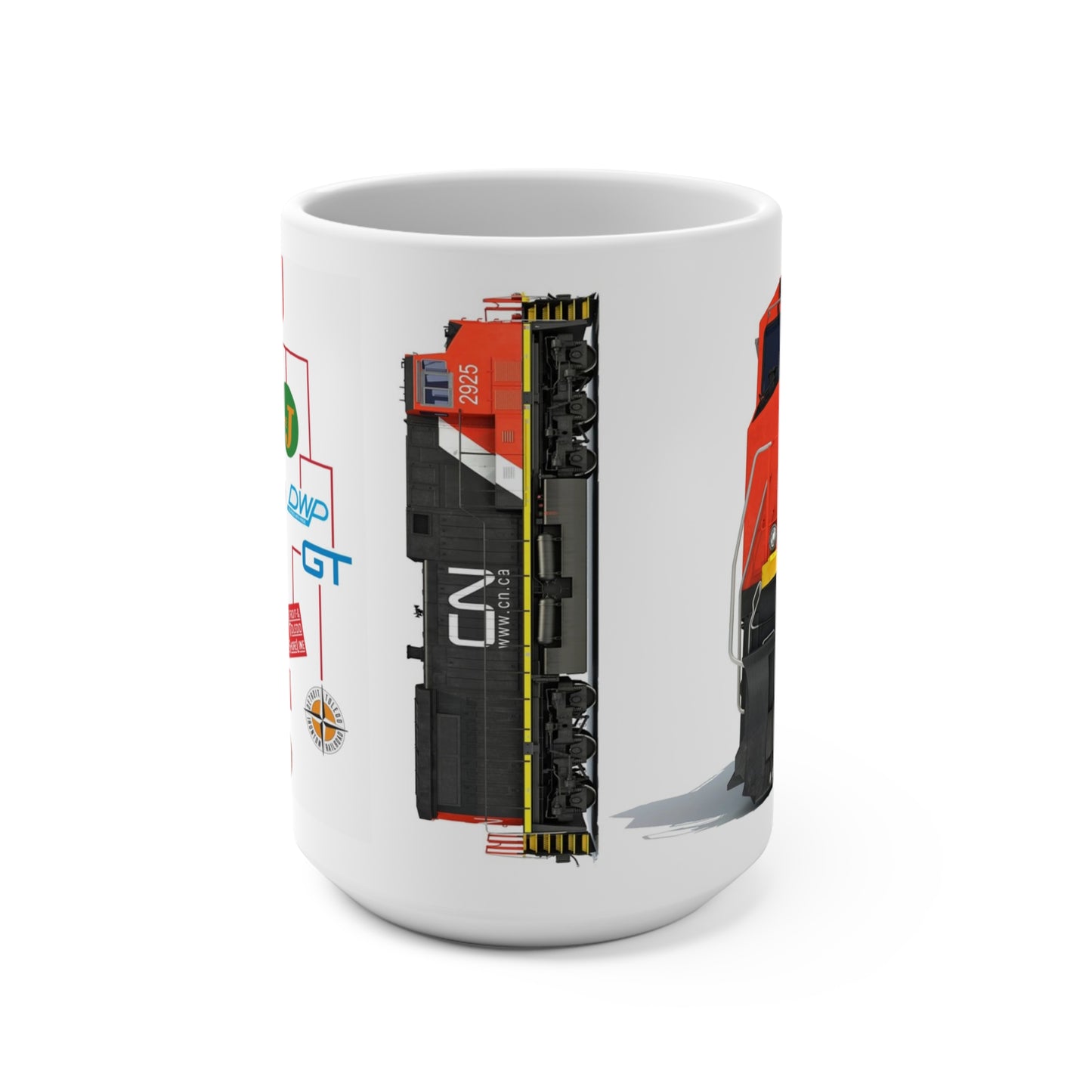 Canadian National Railway heritage coffee mug showing a side view of CN locomotive 2925 and a family tree of colorful predecessor railroad logos on a white background.