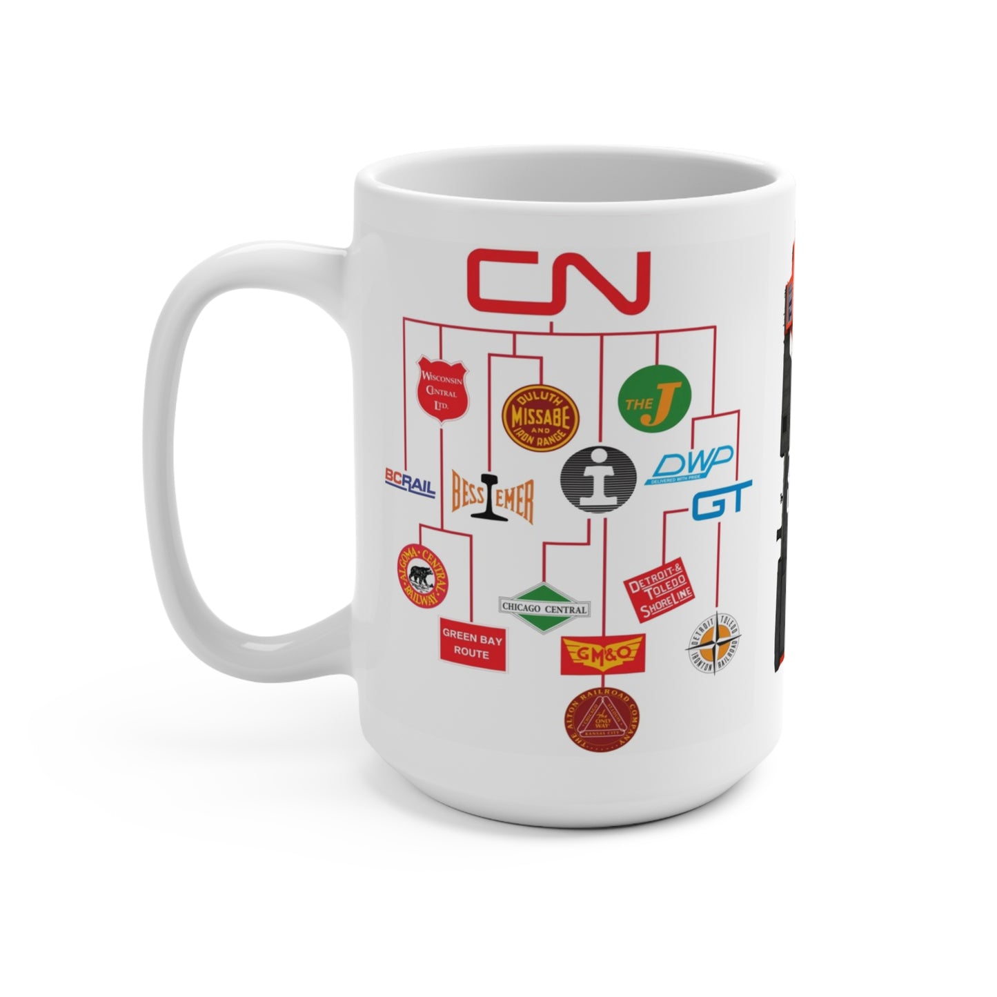 White 15 oz coffee mug with the red CN logo and a heritage chart of predecessor railroads including Wisconsin Central, Duluth Missabe & Iron Range, Illinois Central, Grand Trunk and others.