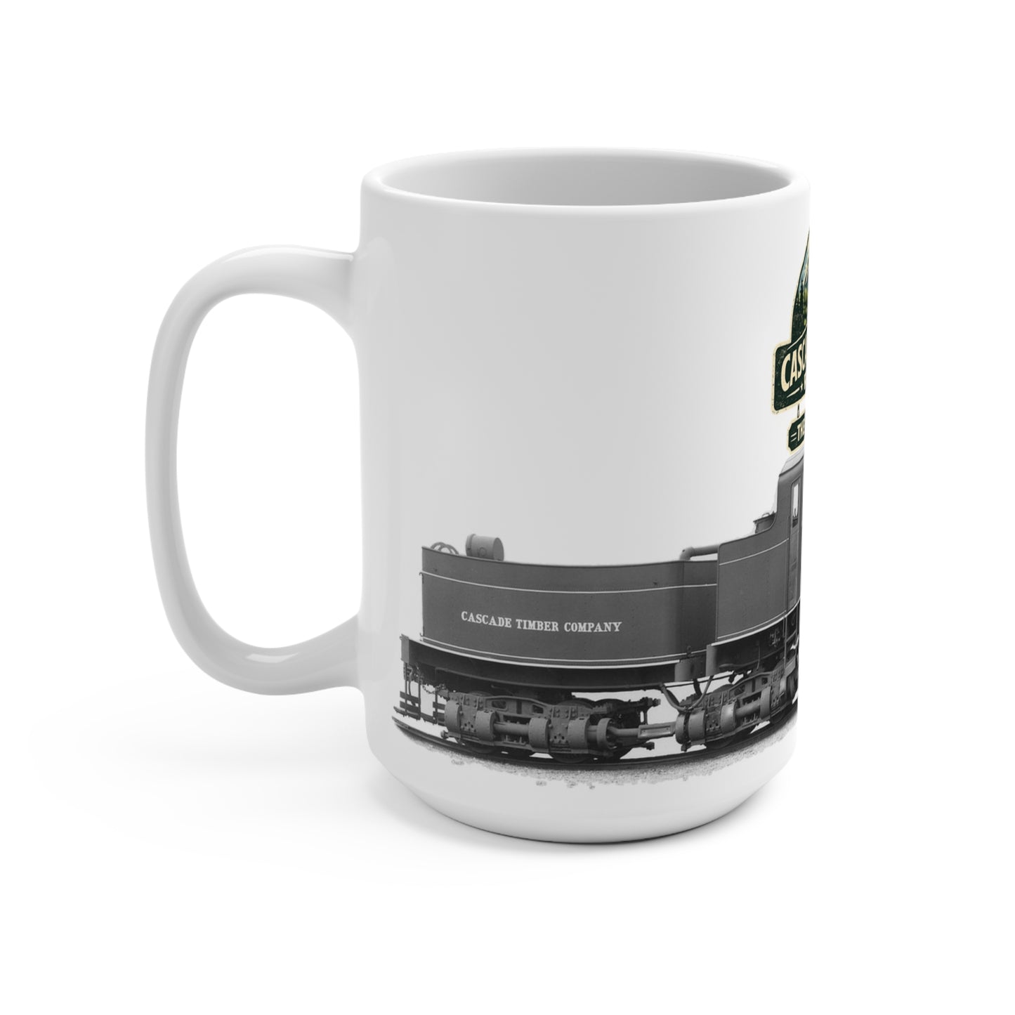 Side view of 15oz vintage railroad coffee mug showing “Cascade Timber Company” tender detail and Scenic Route logo, handle on left, white background.