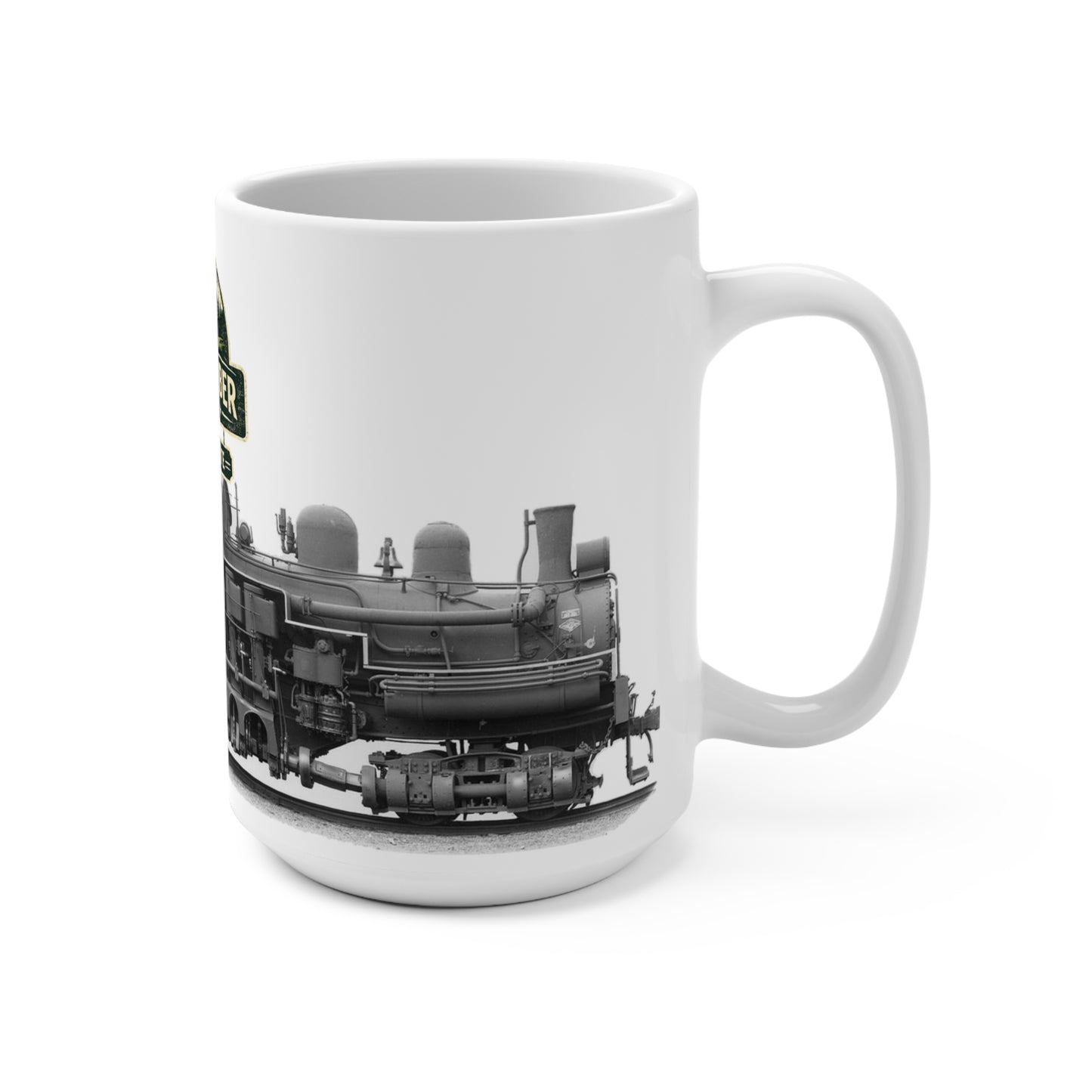 Side view of 15oz Cascade & Timber Railway steam locomotive coffee mug showing wraparound locomotive detail with handle on right, white background.