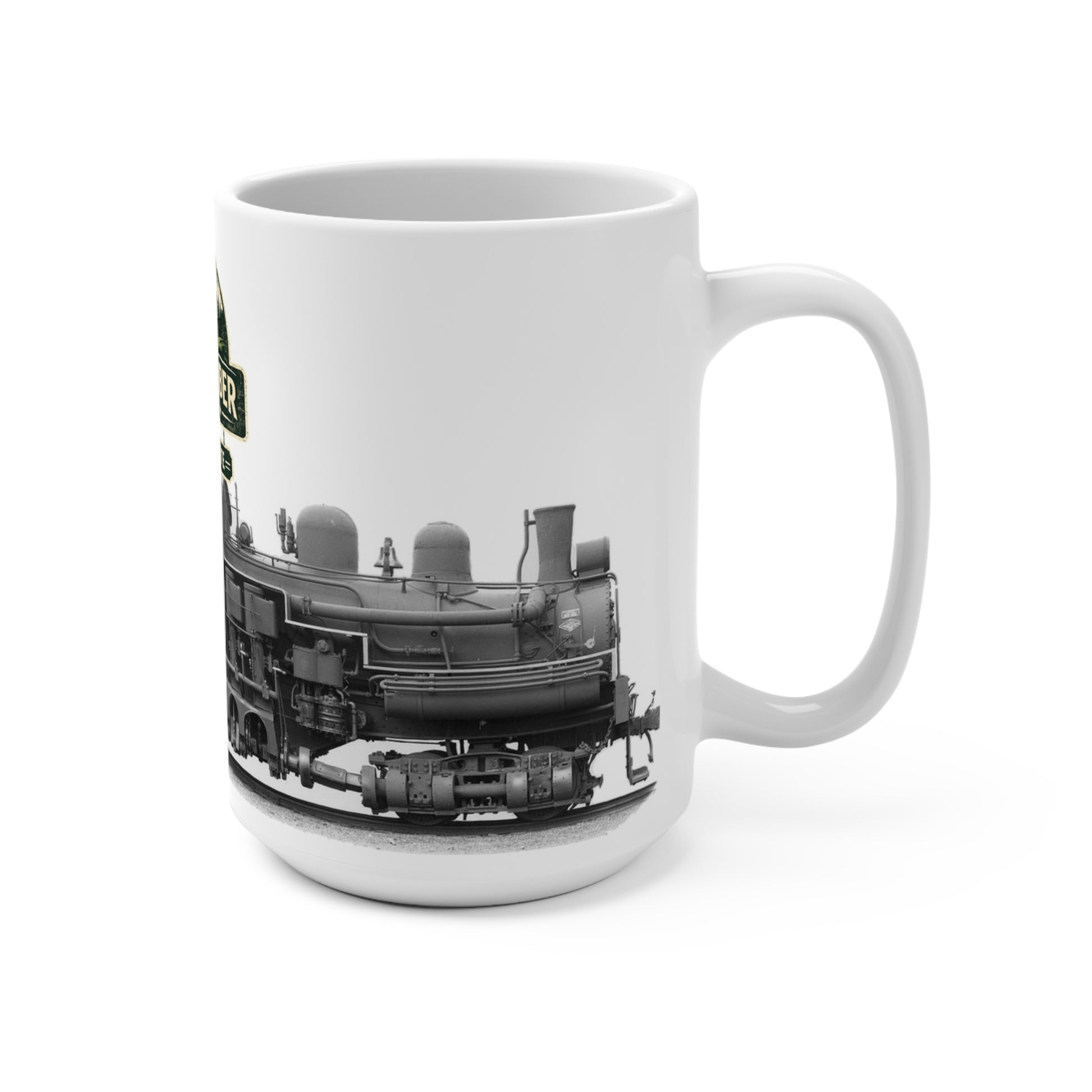 Side view of 15oz Cascade & Timber Railway steam locomotive coffee mug showing wraparound locomotive detail with handle on right, white background.