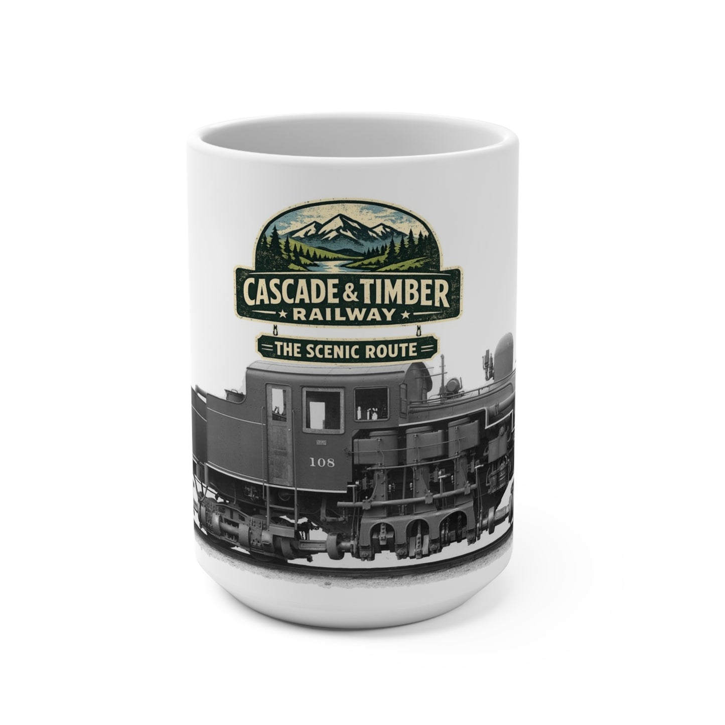 15oz white ceramic coffee mug with Cascade & Timber Railway Scenic Route logo and vintage steam locomotive wrap, front view on white background.